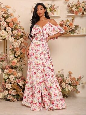 Belle Cold Shoulder Floral Pink Red Maxi Flowy Dress